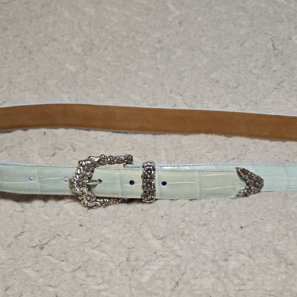 Vintage Brighton Croco Embossed Leather Flower Embossed Buckle Belt